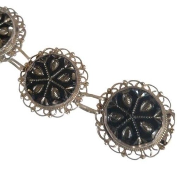 Vintage Mexico Sterling Intaglio Black Glass Mourning Bracelet & Earring Set - Picture 6 of 9